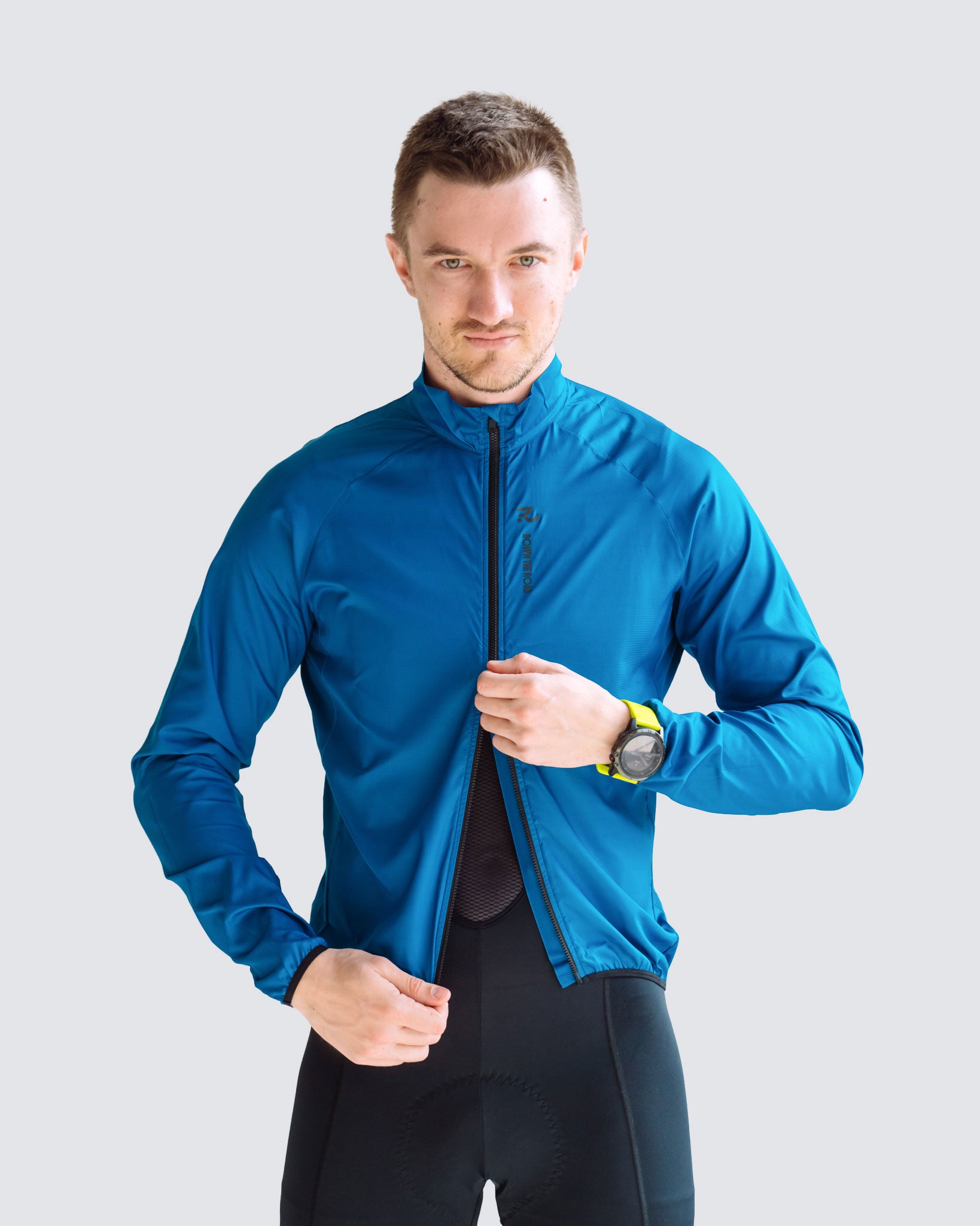Navy Blue men windbreaker two ways zipper being open from bottom to top