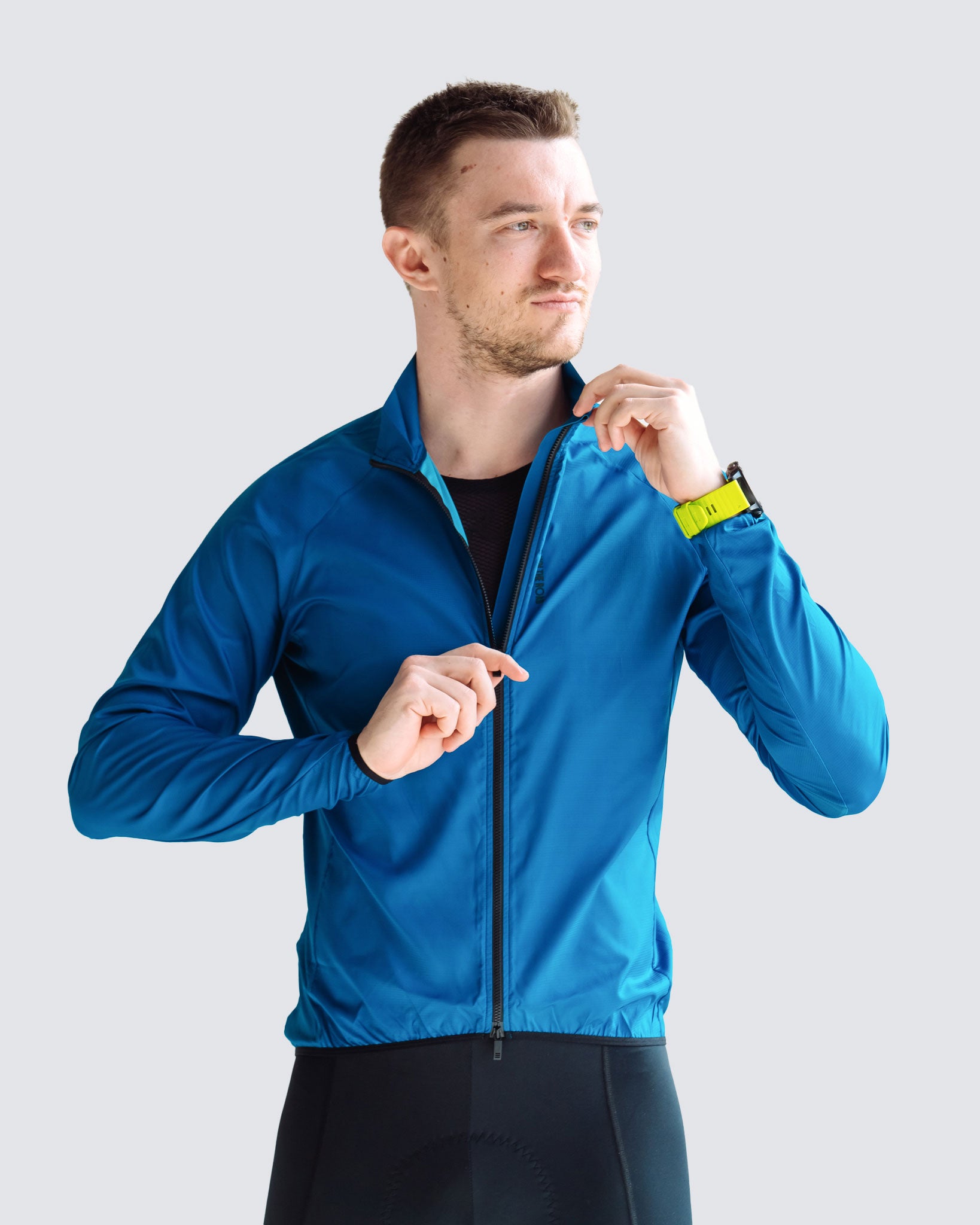 Navy Blue men windbreaker two ways zipper being open from top to bottom