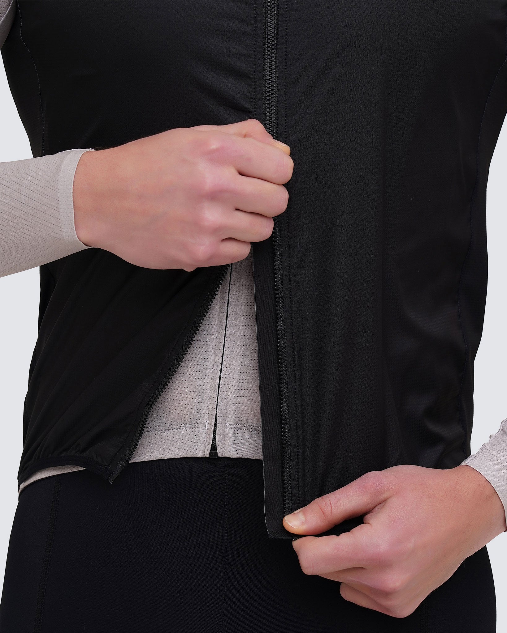 Racing black cycling vest men two ways zipper close up and open from bottom