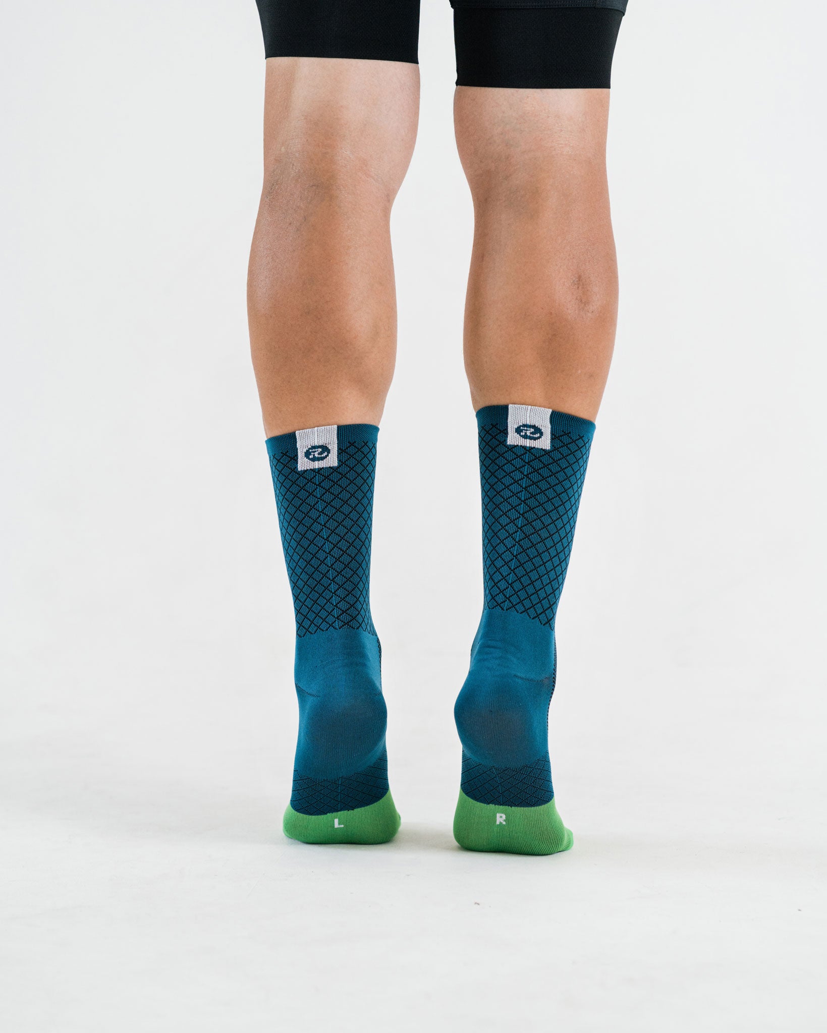 back close up blue cycling socks