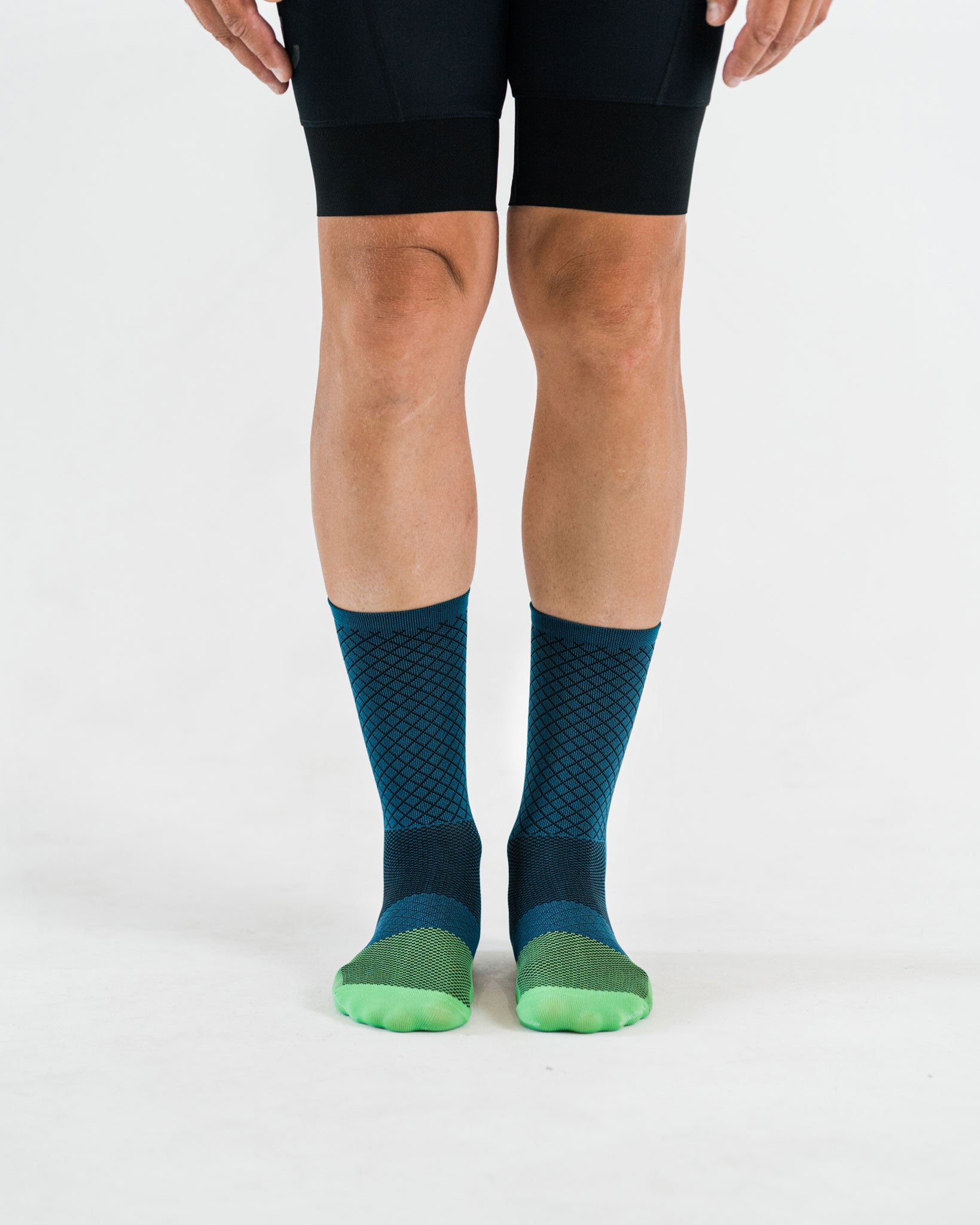 front close up of blue cycling socks
