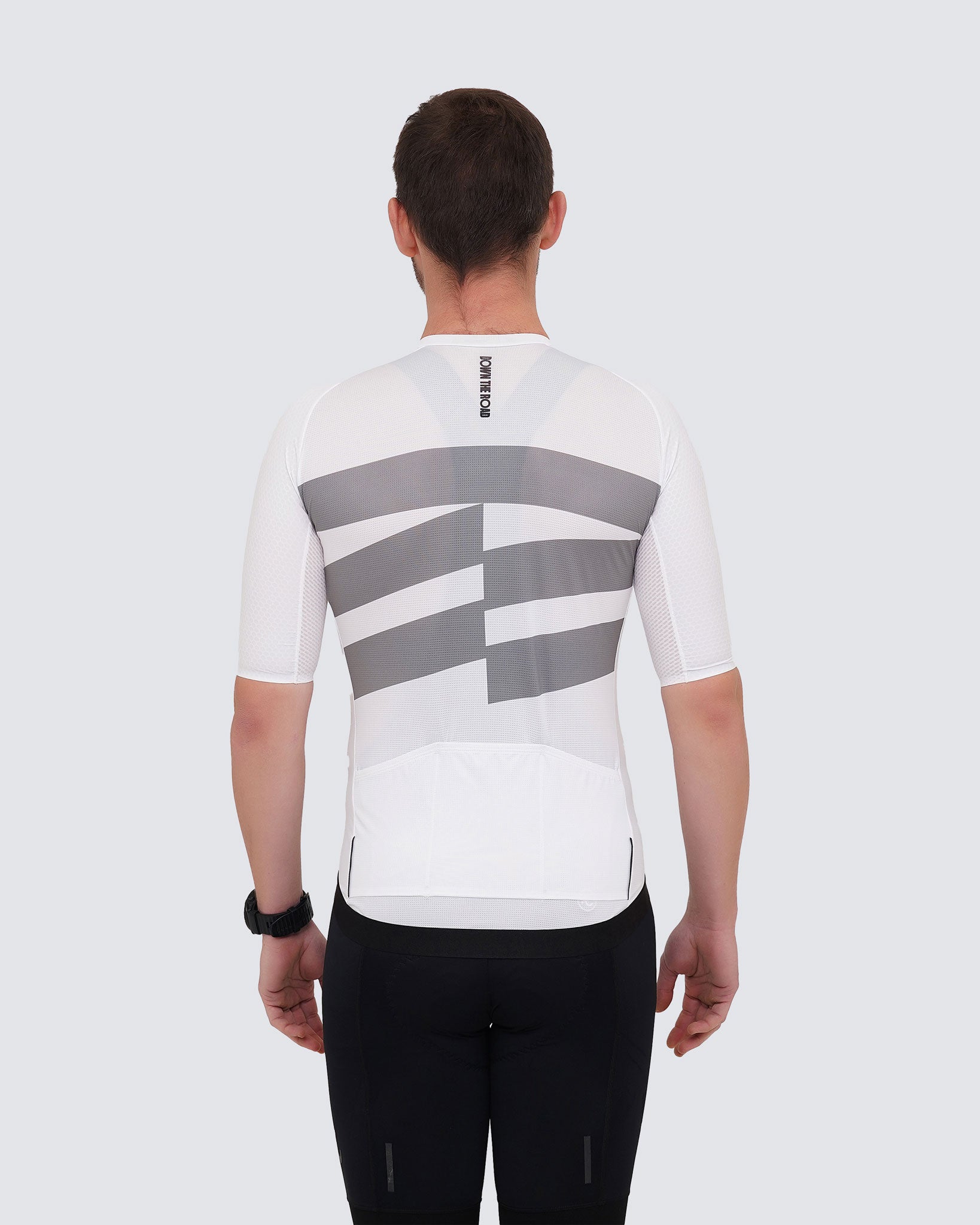 back of white cycling jersey for men