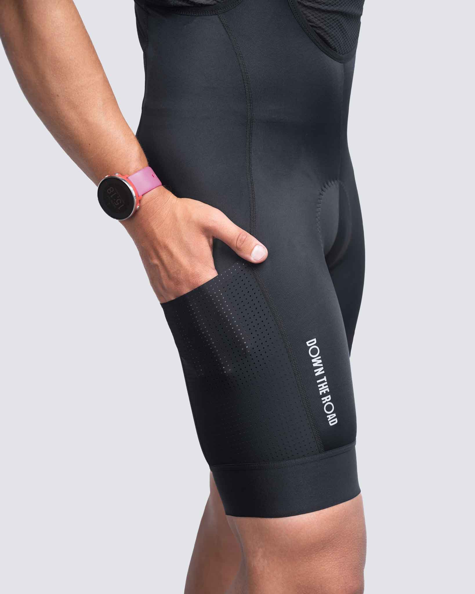 close up of normal pocket on cycling cargo bibs