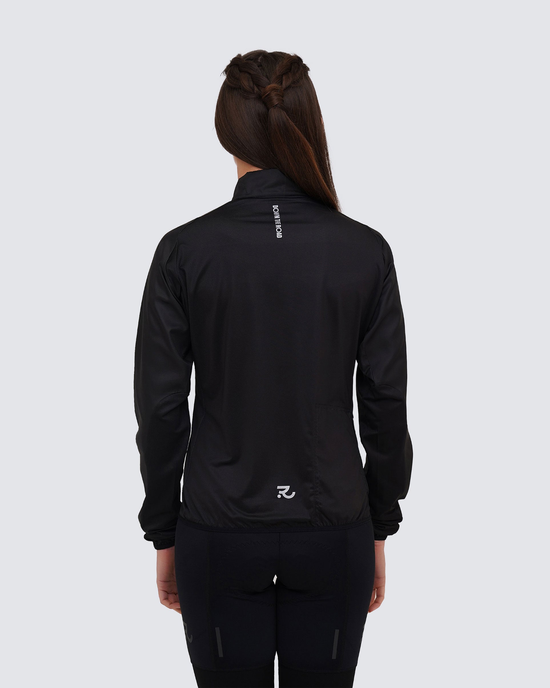 racing black windbreaker women back view