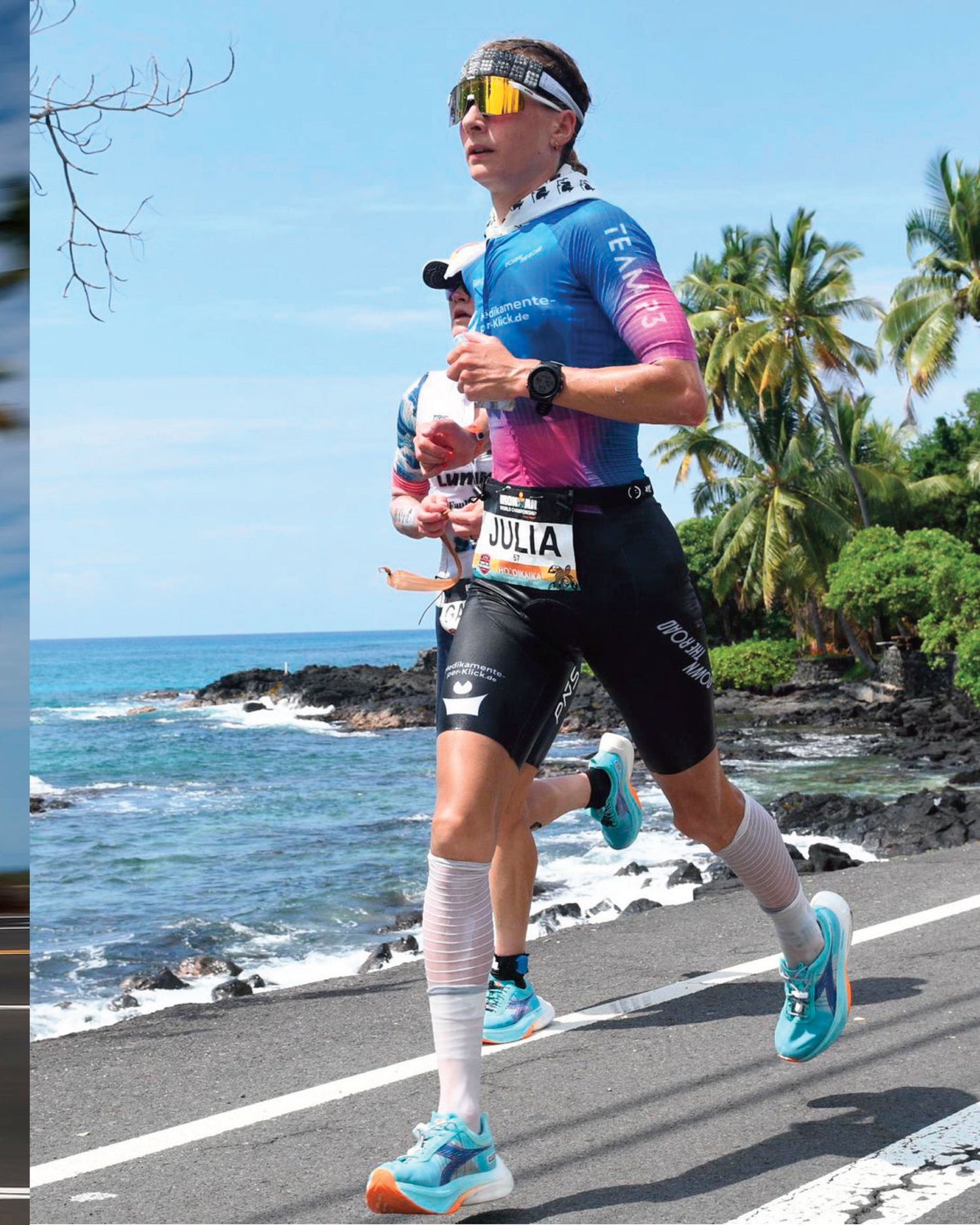 DTR athlete Julia Skala racing Ironman Kona in custom blue DTR trisuit — performance triathlon apparel