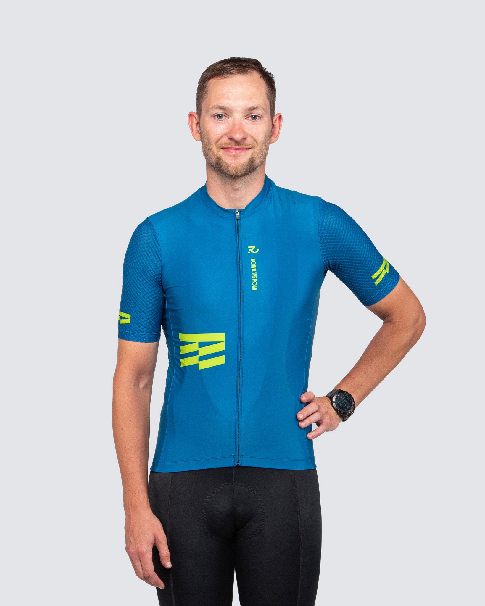 man wearing blue cycling jersey