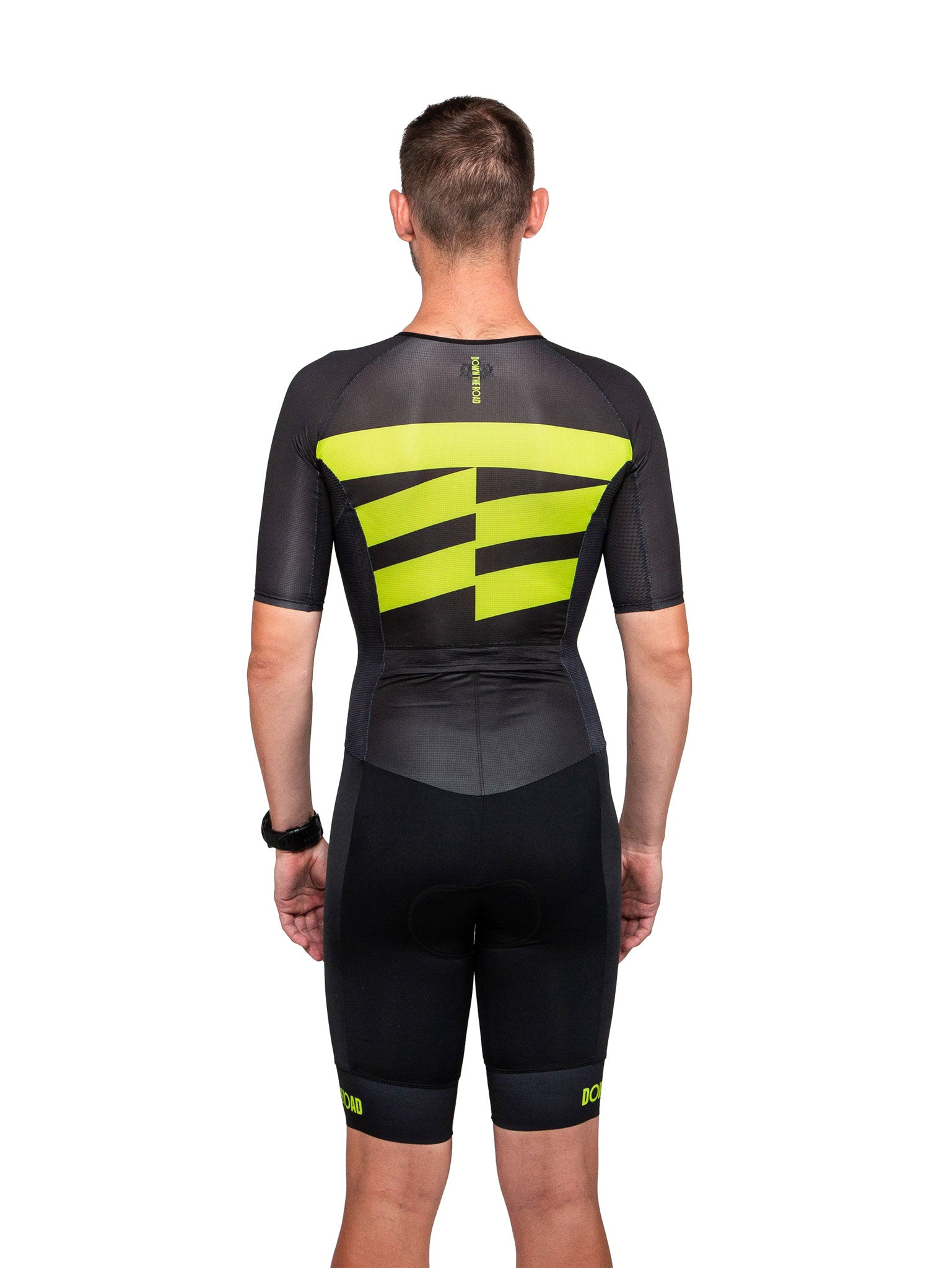 black trisuit for men with green details back view