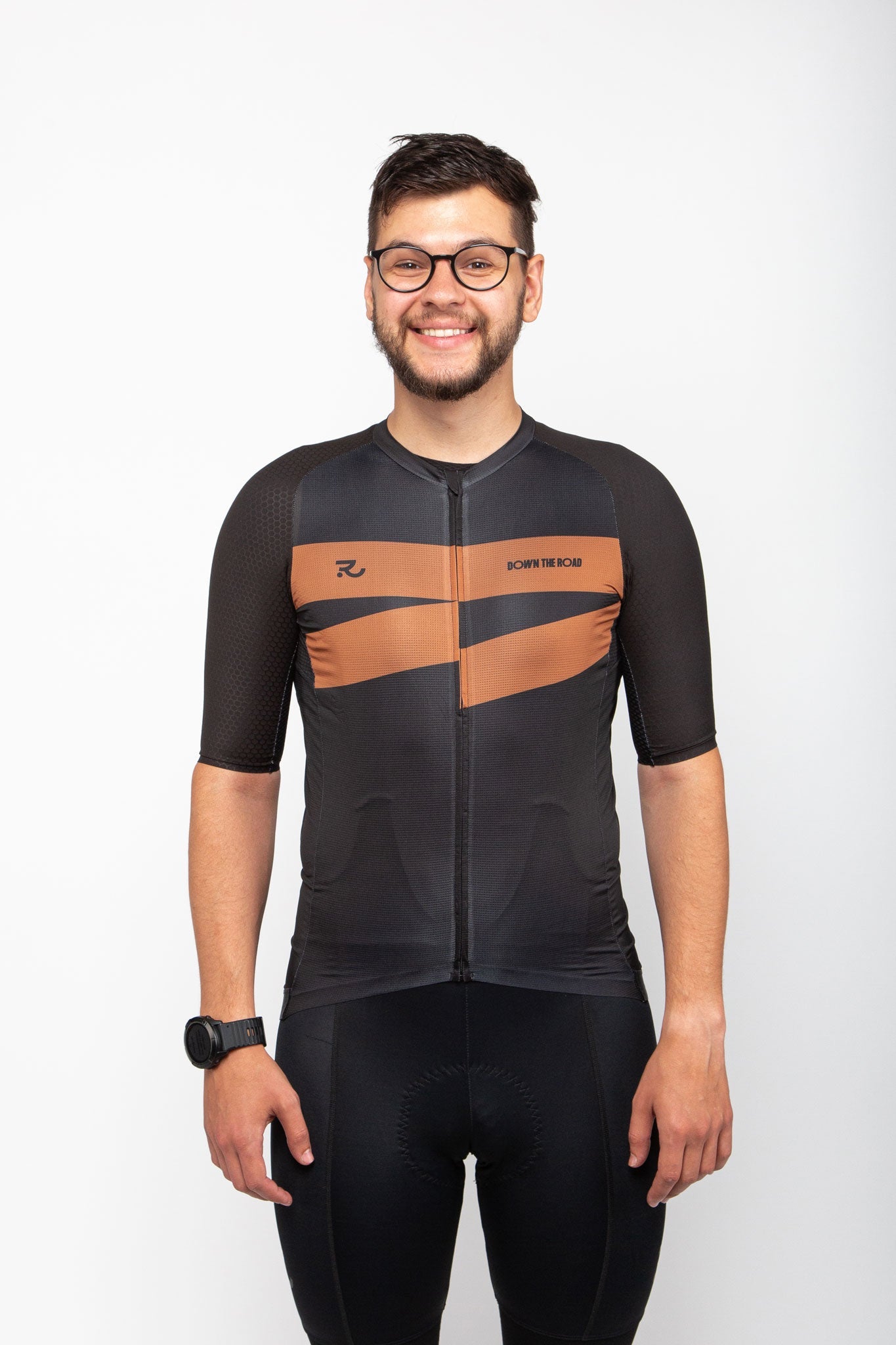 front of black jersey with brown details