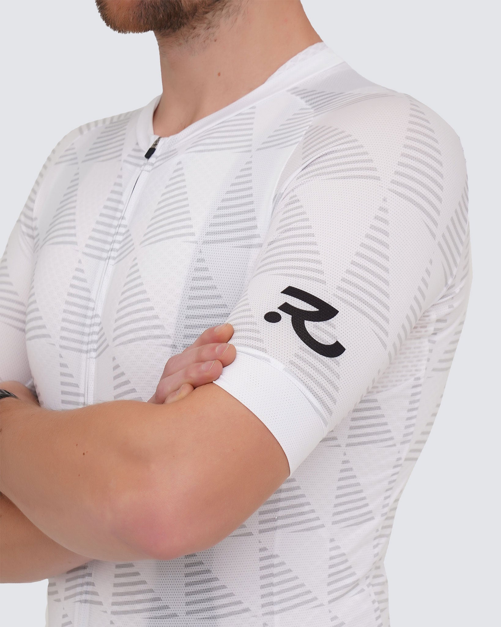 white cycling jersey close up to sleeve