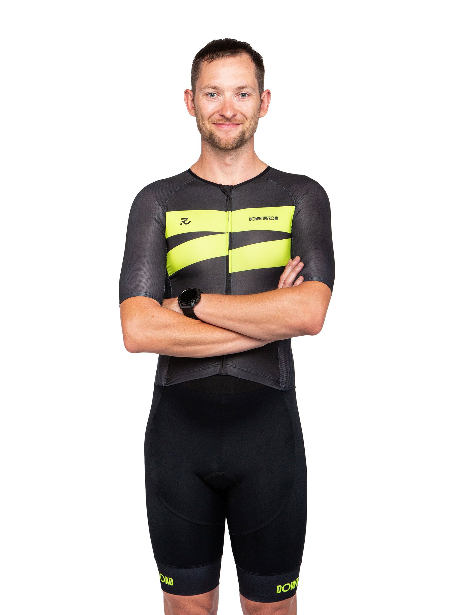 black trisuit for men with green details front view