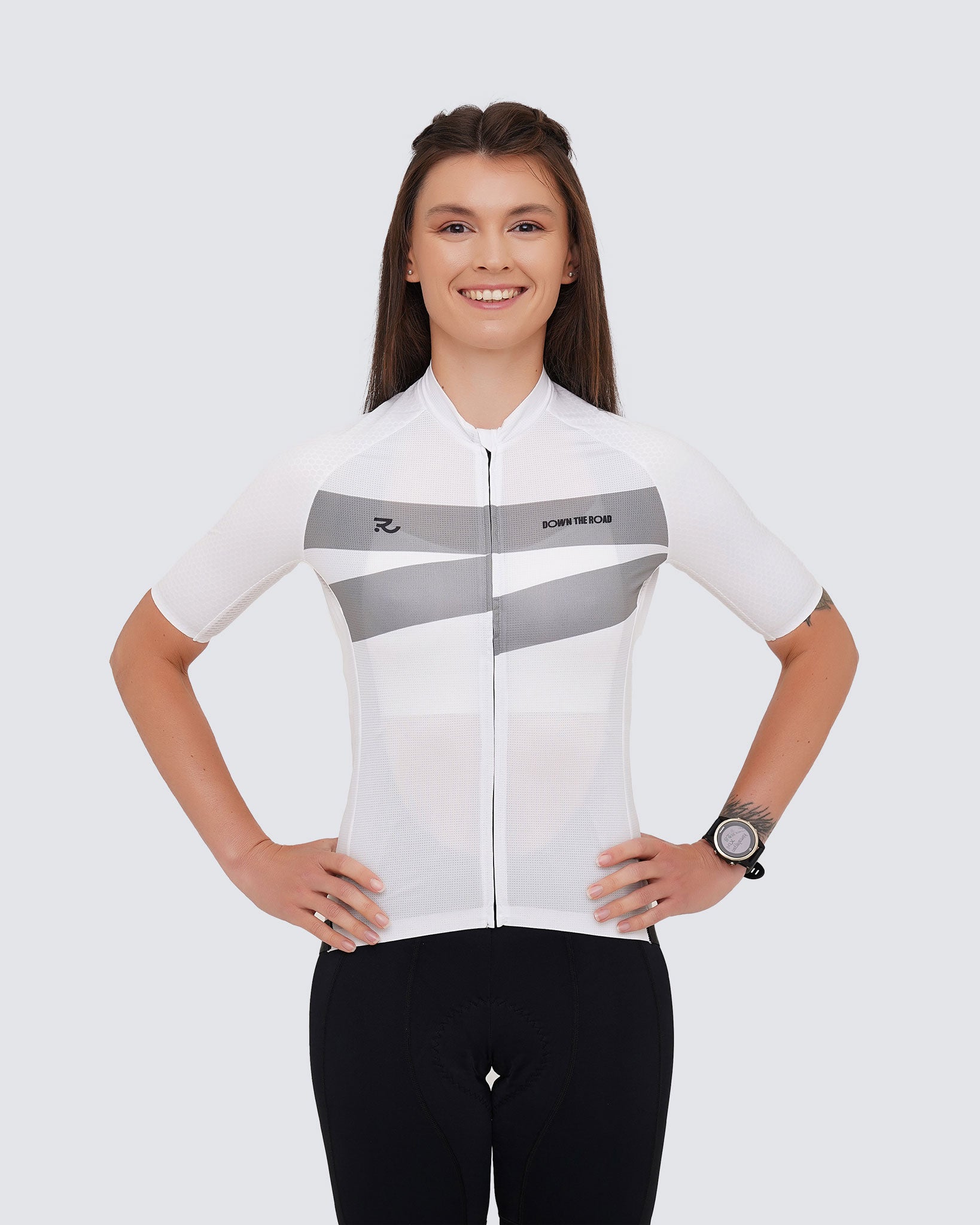 front view women white cycling jersey
