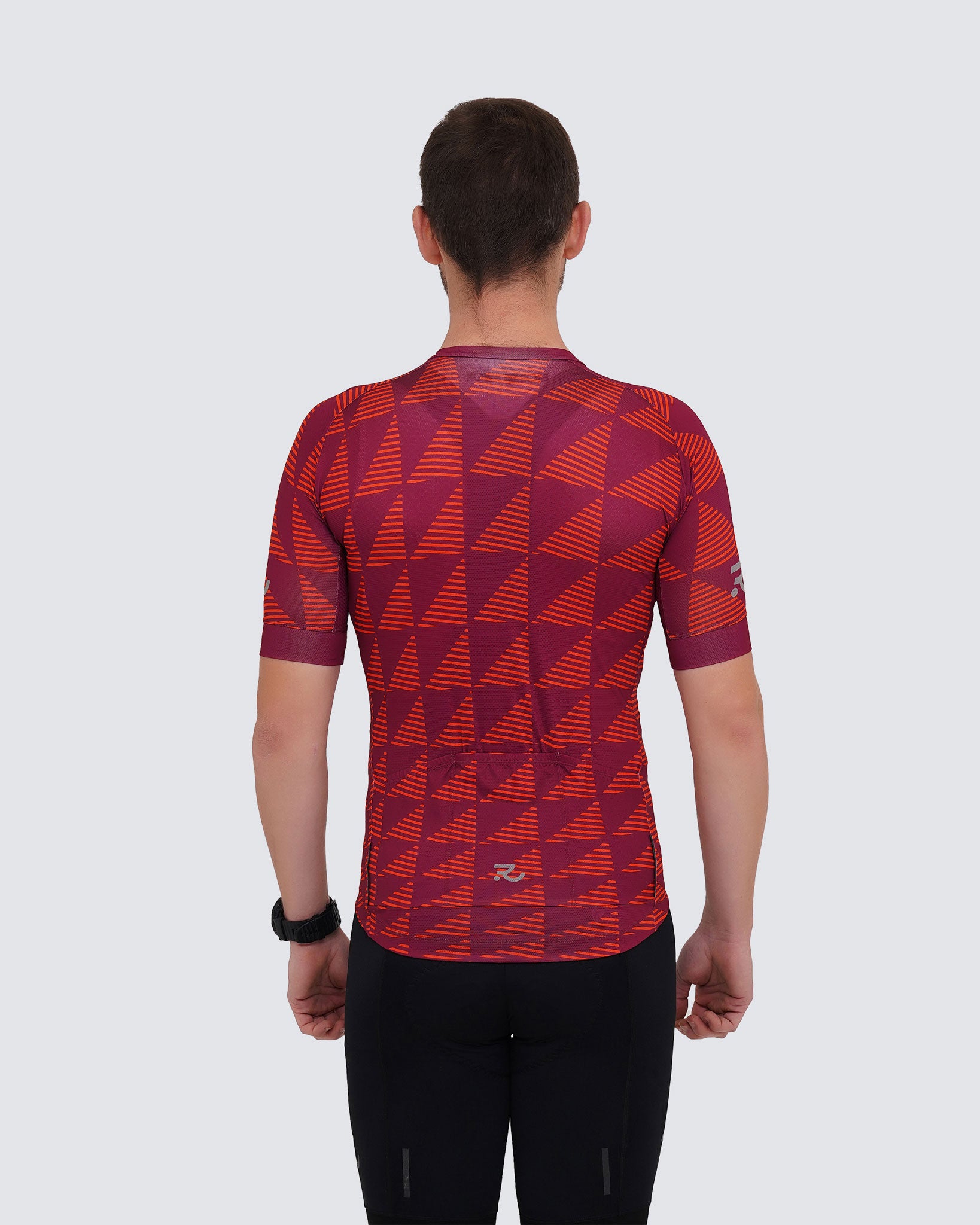 back view of red jersey for men with diamond pattern