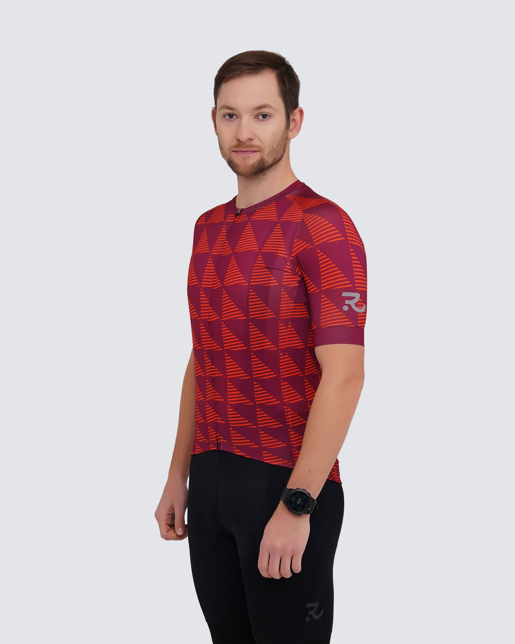side view of red jersey for men with diamond pattern