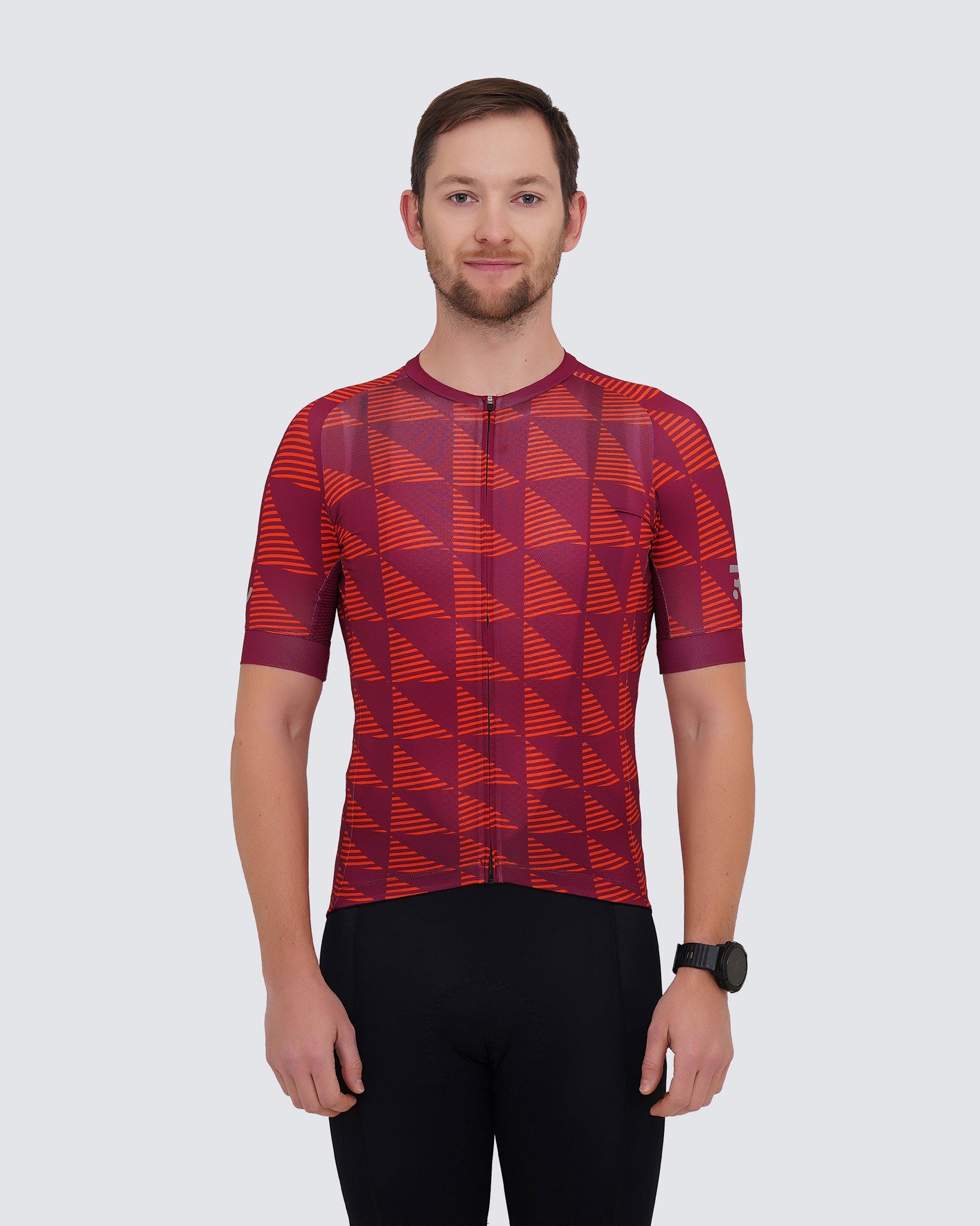front view of red jersey for men with diamond pattern