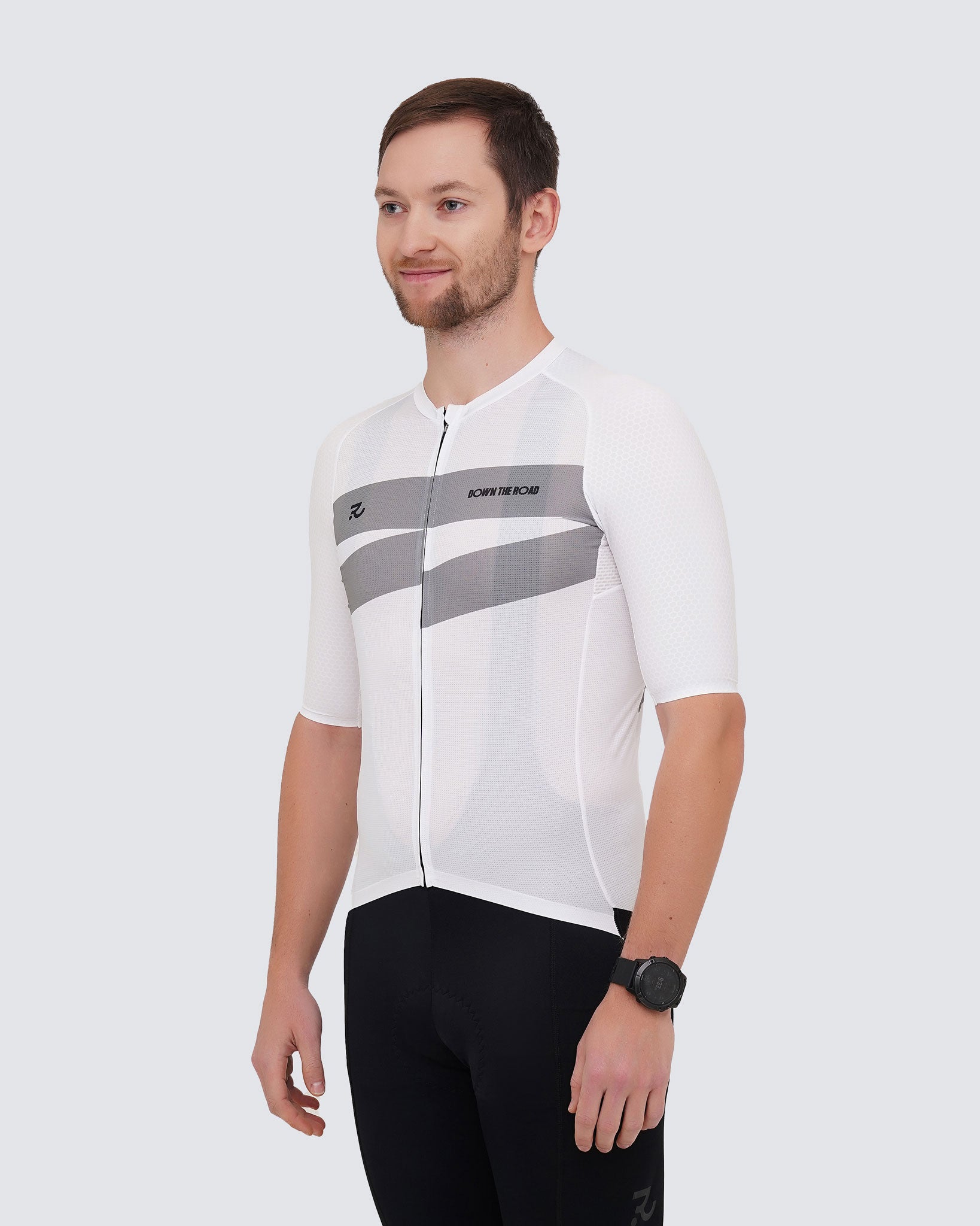 white cycling jersey with hex sleeves
