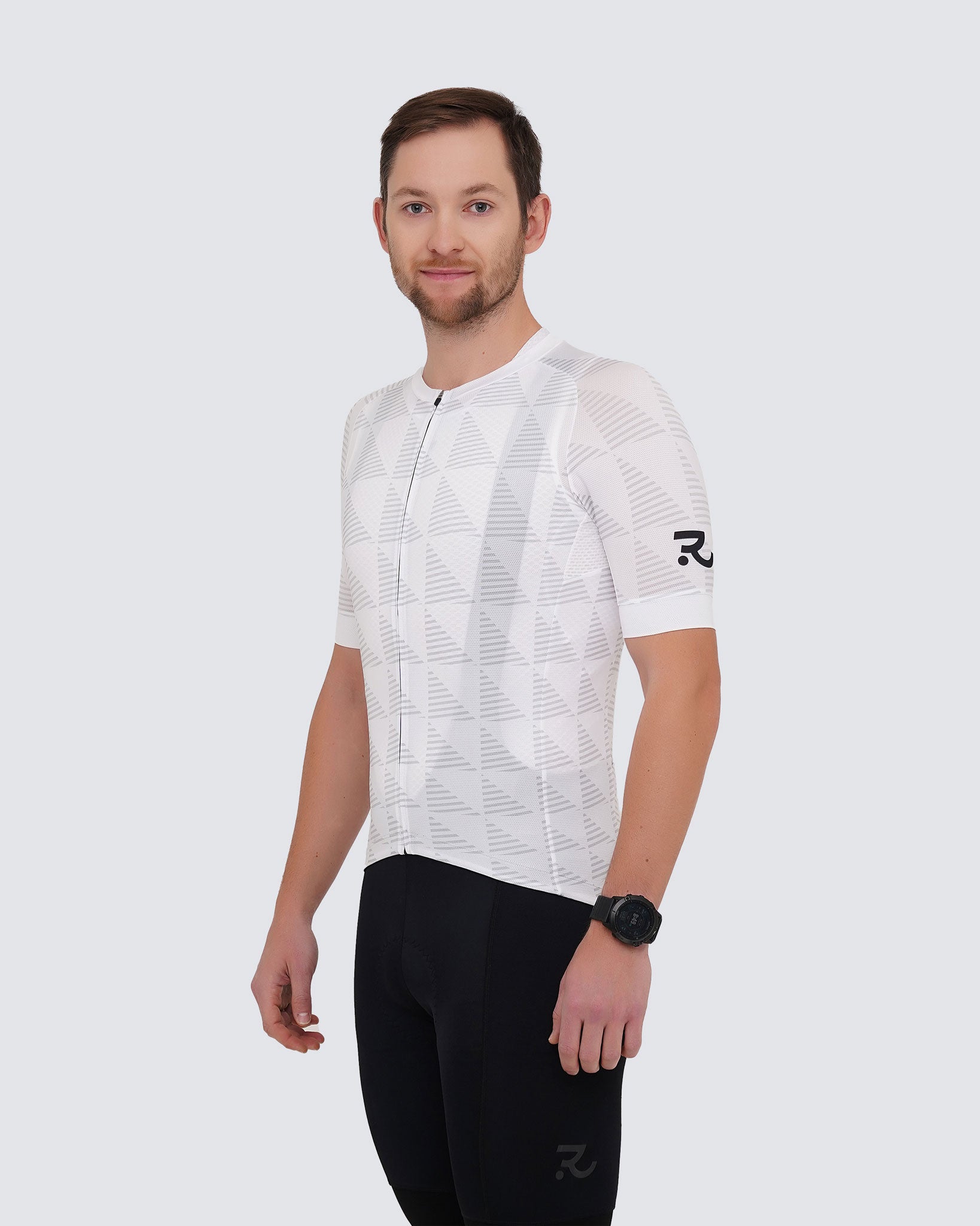 side view of white cycling jerset with black bibs