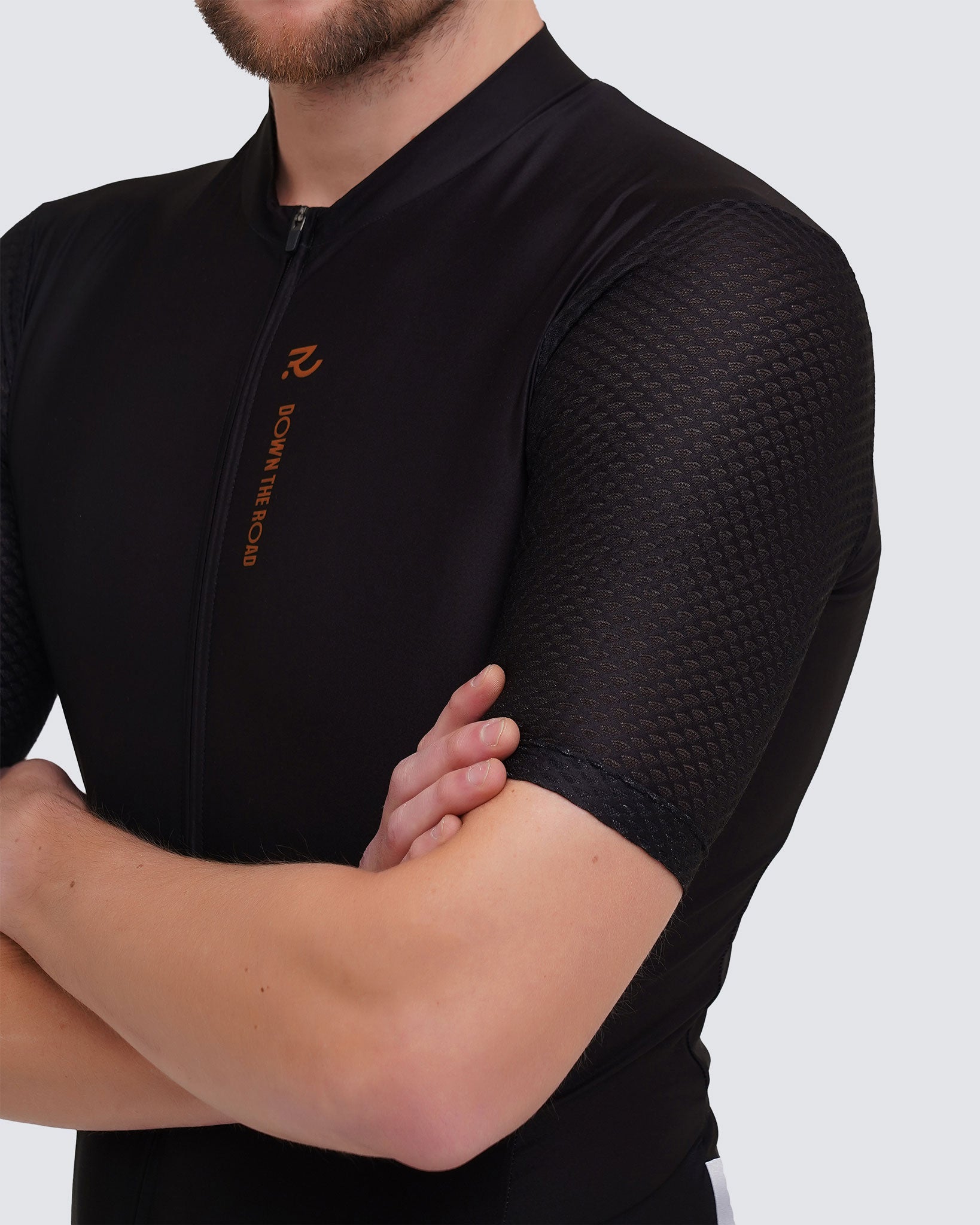 racing black men cycling jersey mesh sleeve close up