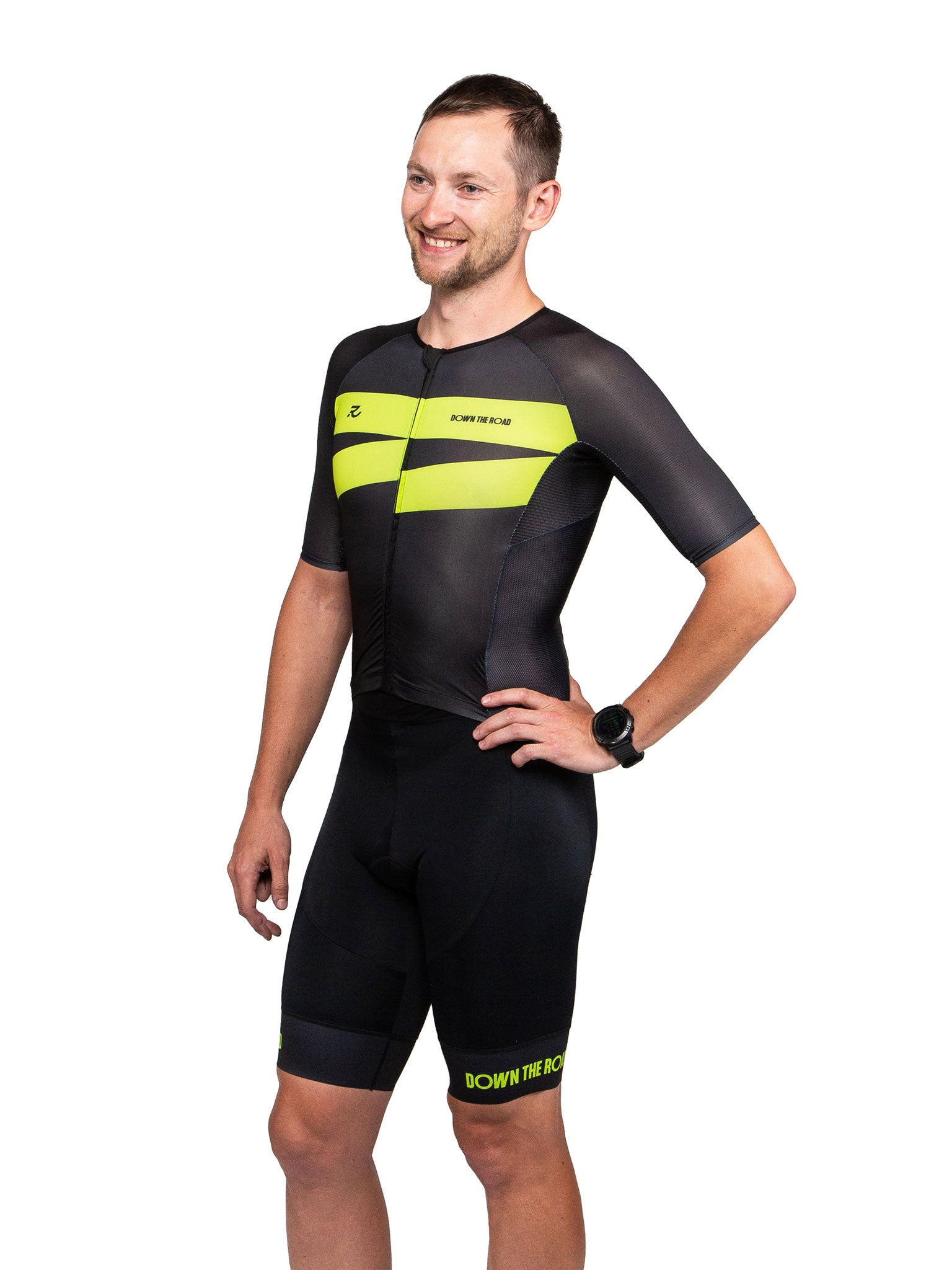 black trisuit for men with green details front side view