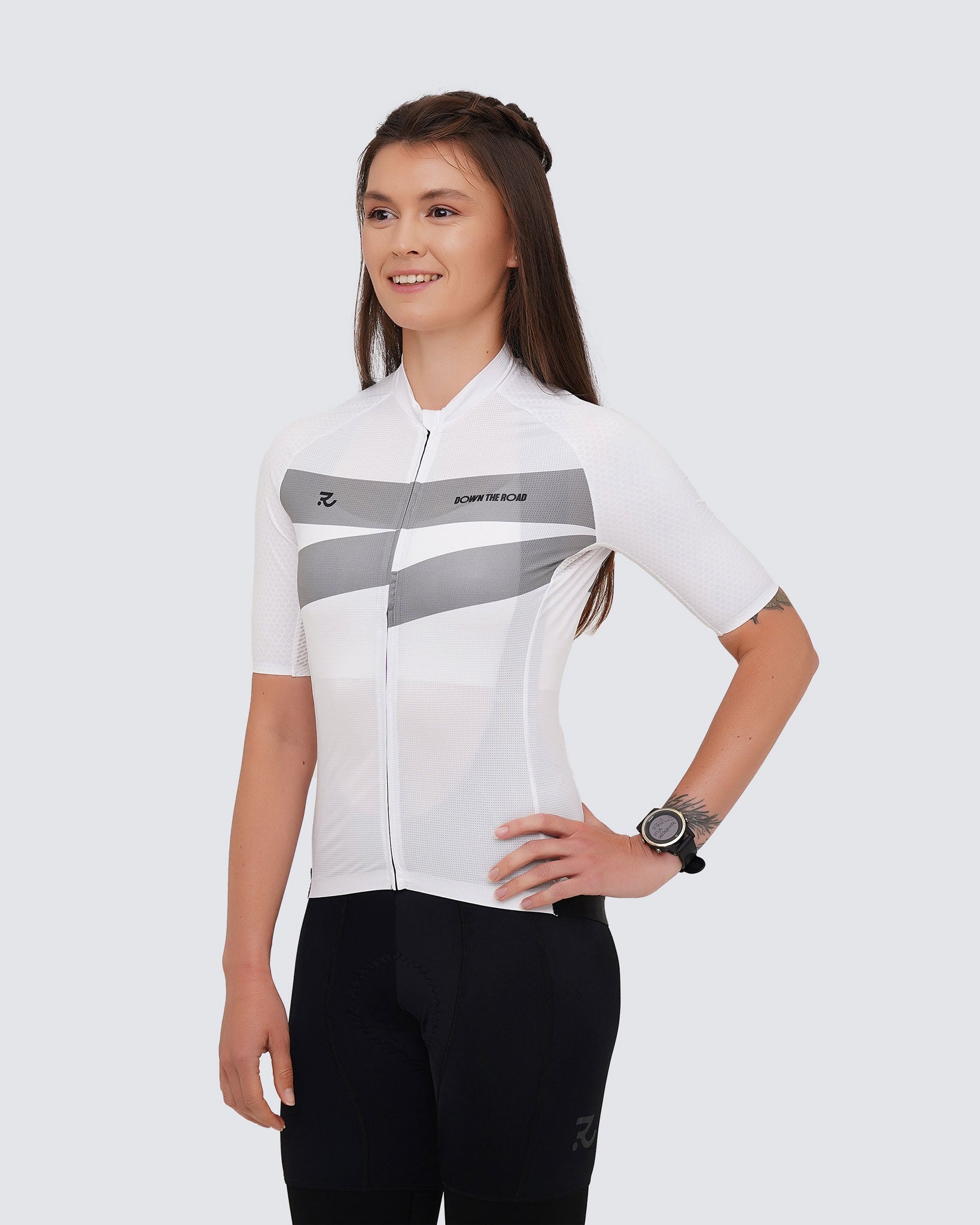 side view women whice cycling jersey