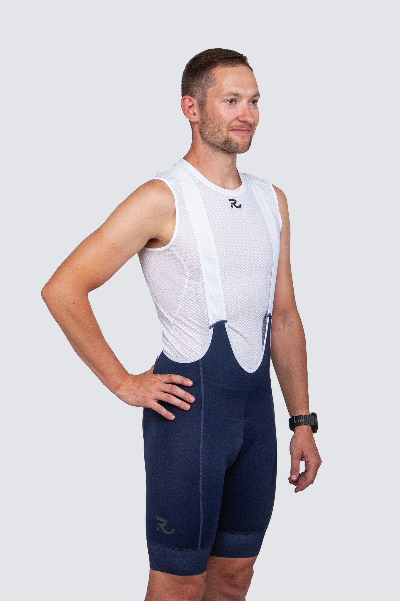 white base layer for men and blue bibs